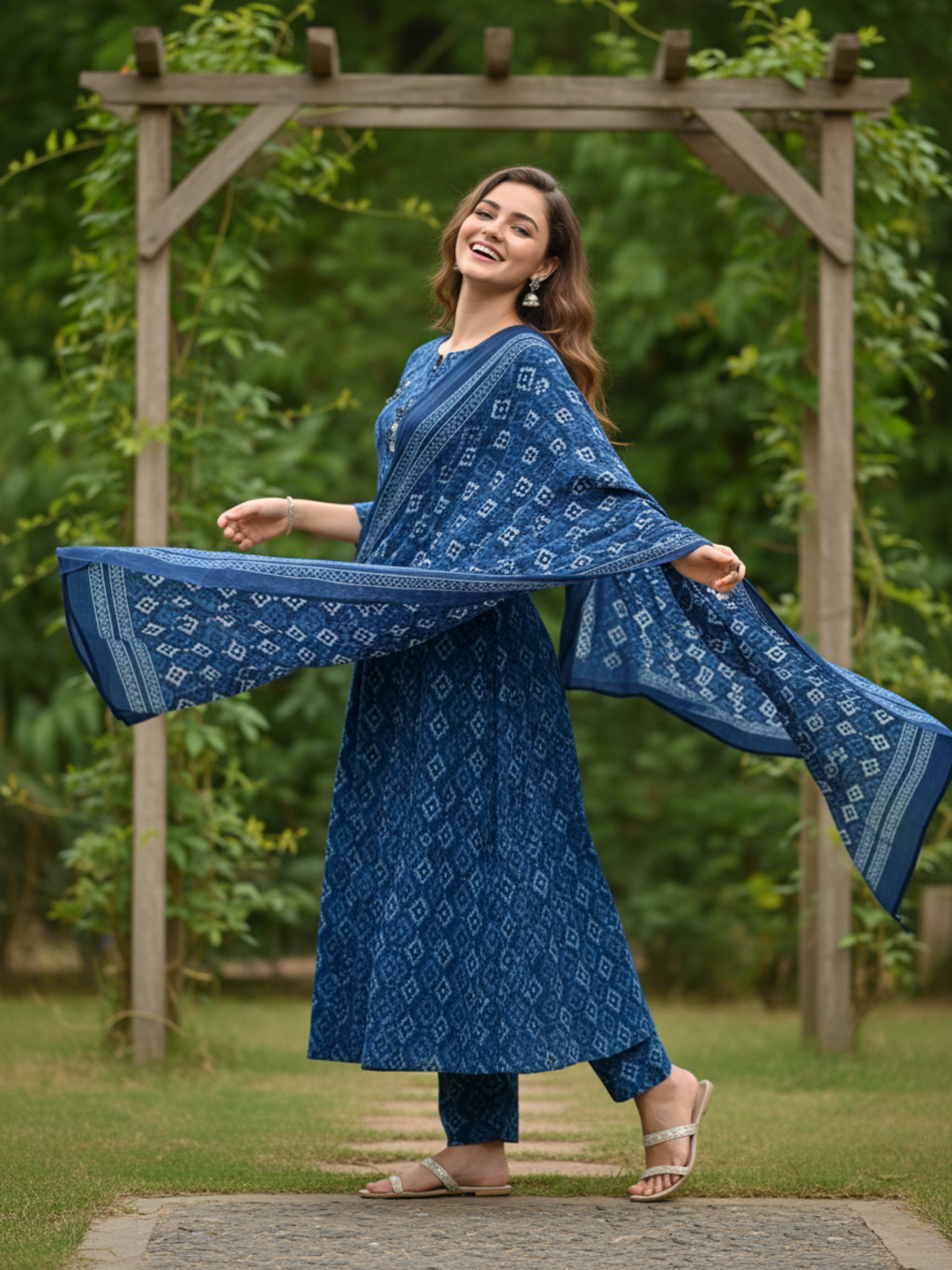 Ethnic Printed Embroidered Anarkali Kurta with Pyjama & Dupatta - Blue