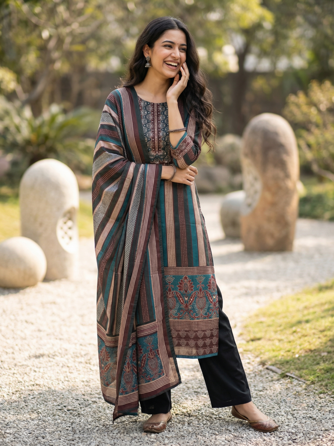 Ethnic Printed Sequin Embellished Straight Kurta with Pant & Dupatta - Multi