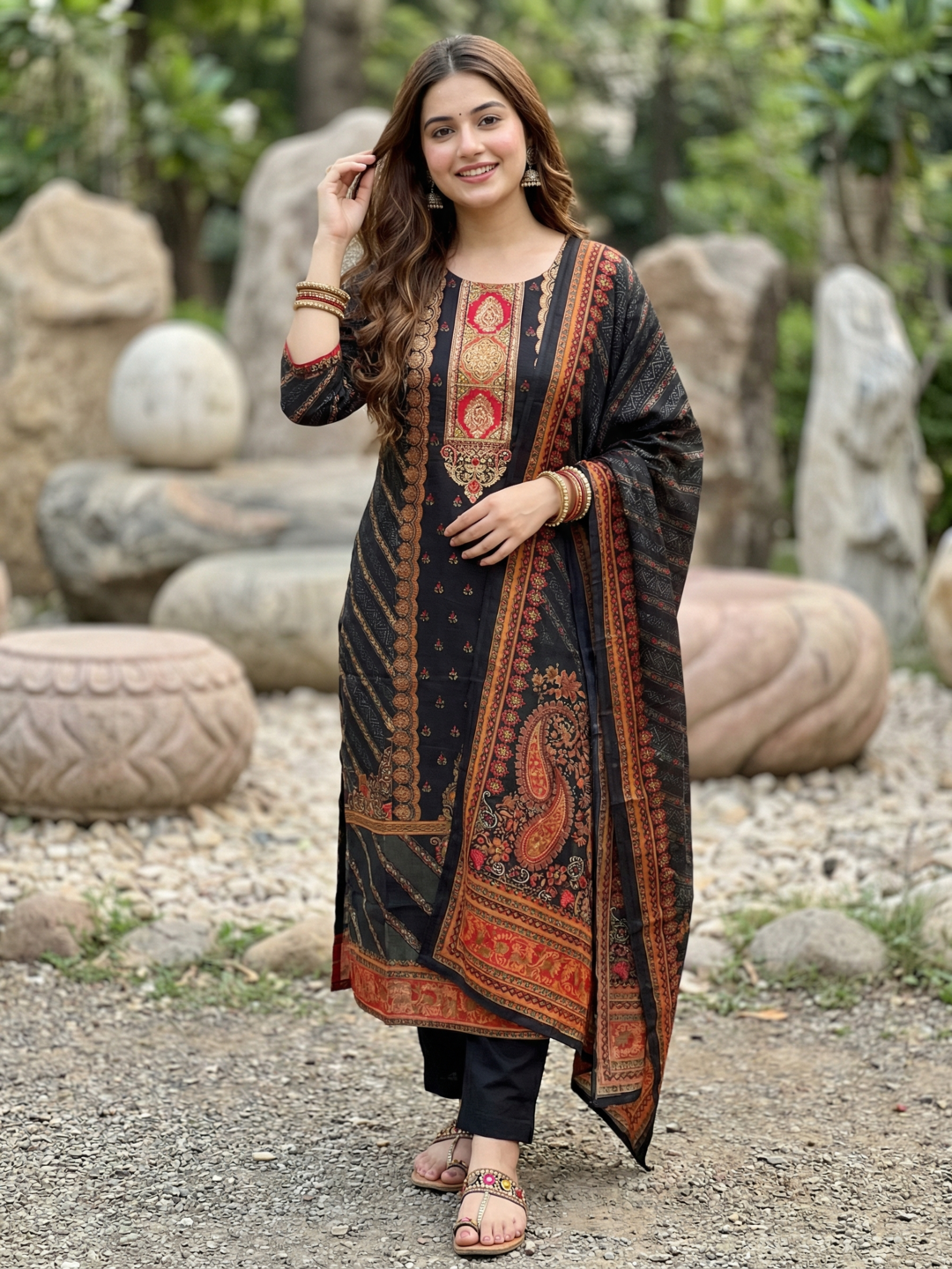 Ethnic Printed Sequin Embellished Straight Kurta with Palazzo & Dupatta - Black