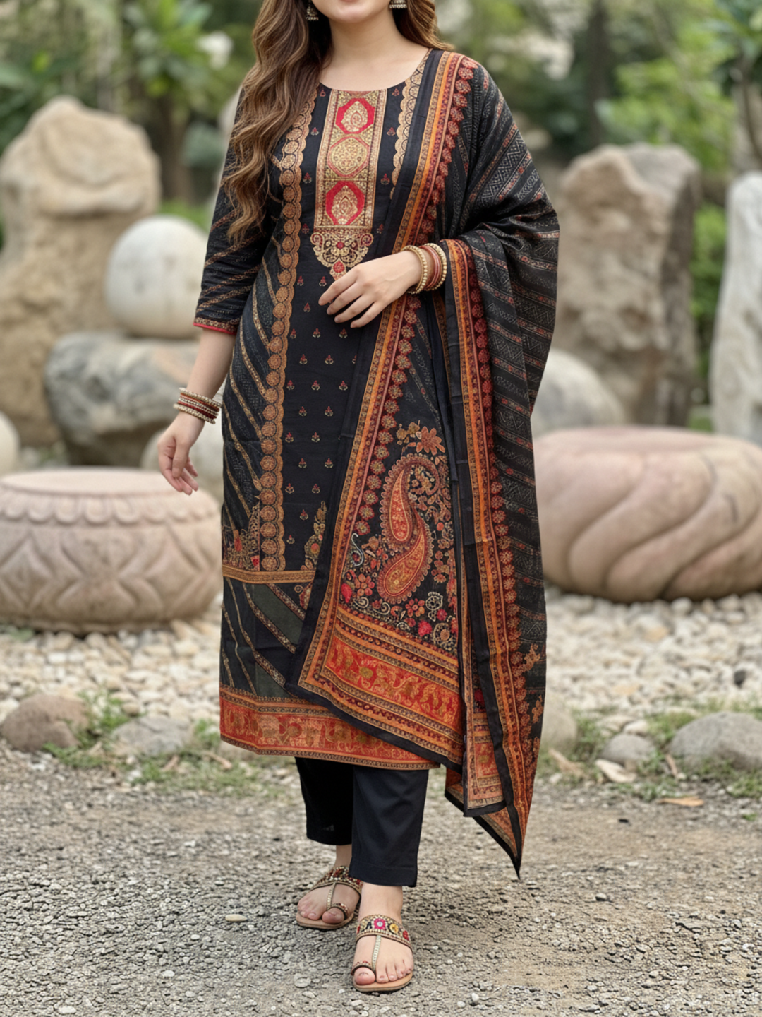 Ethnic Printed Sequin Embellished Straight Kurta with Palazzo & Dupatta - Black