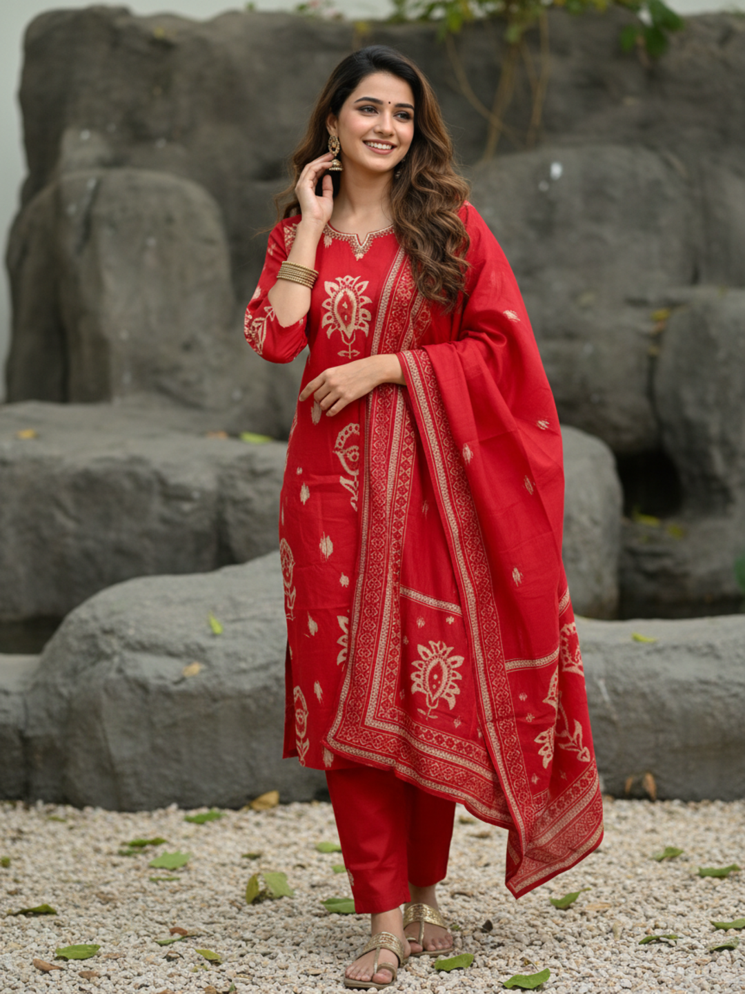 Ethnic Printed Sequin Embellished Straight Kurta with Palazzo & Dupatta - Red