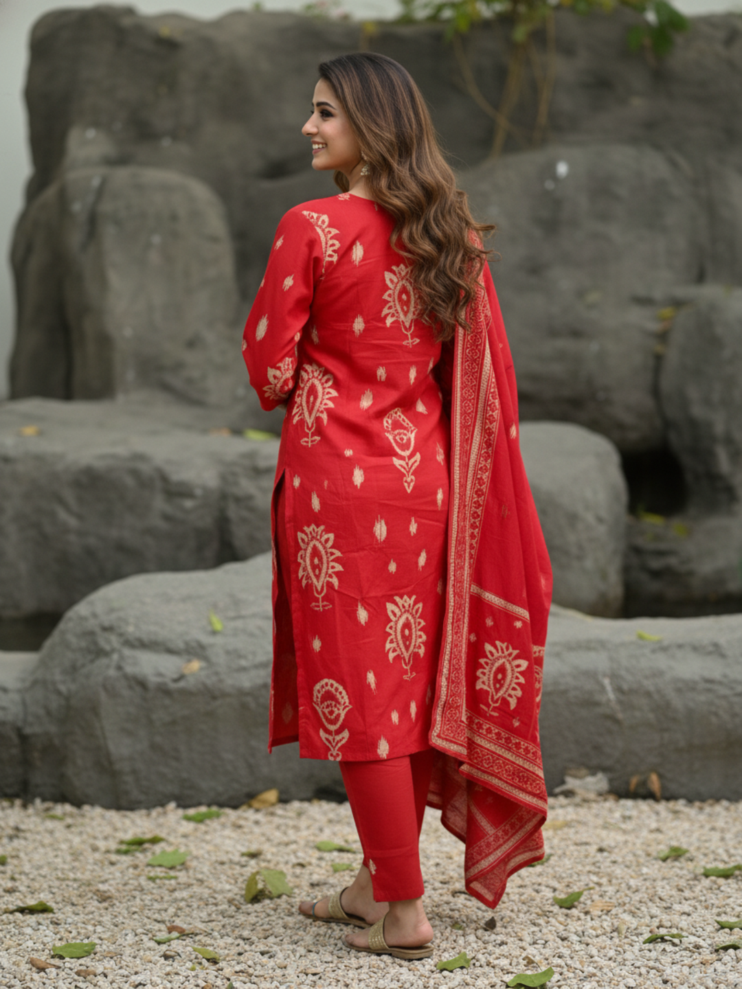 Ethnic Printed Sequin Embellished Straight Kurta with Palazzo & Dupatta - Red