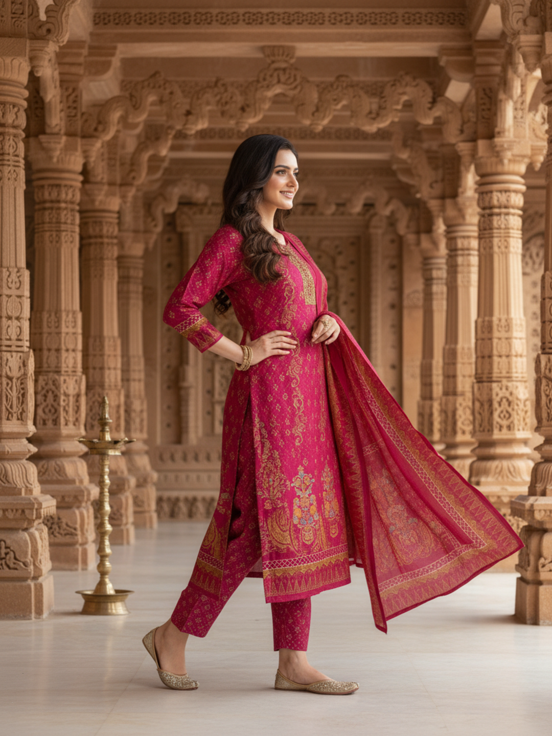 Ethnic Printed Sequin Embellished Straight Kurta with Palazzo & Dupatta - Rani Pink