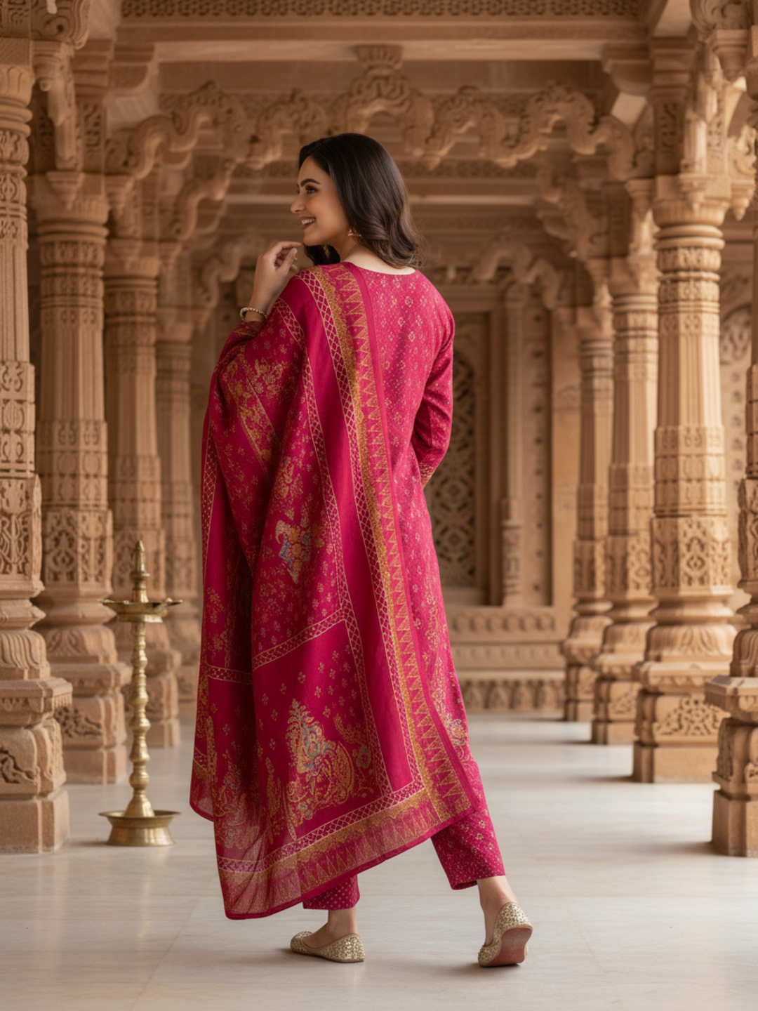 Ethnic Printed Sequin Embellished Straight Kurta with Palazzo & Dupatta - Rani Pink
