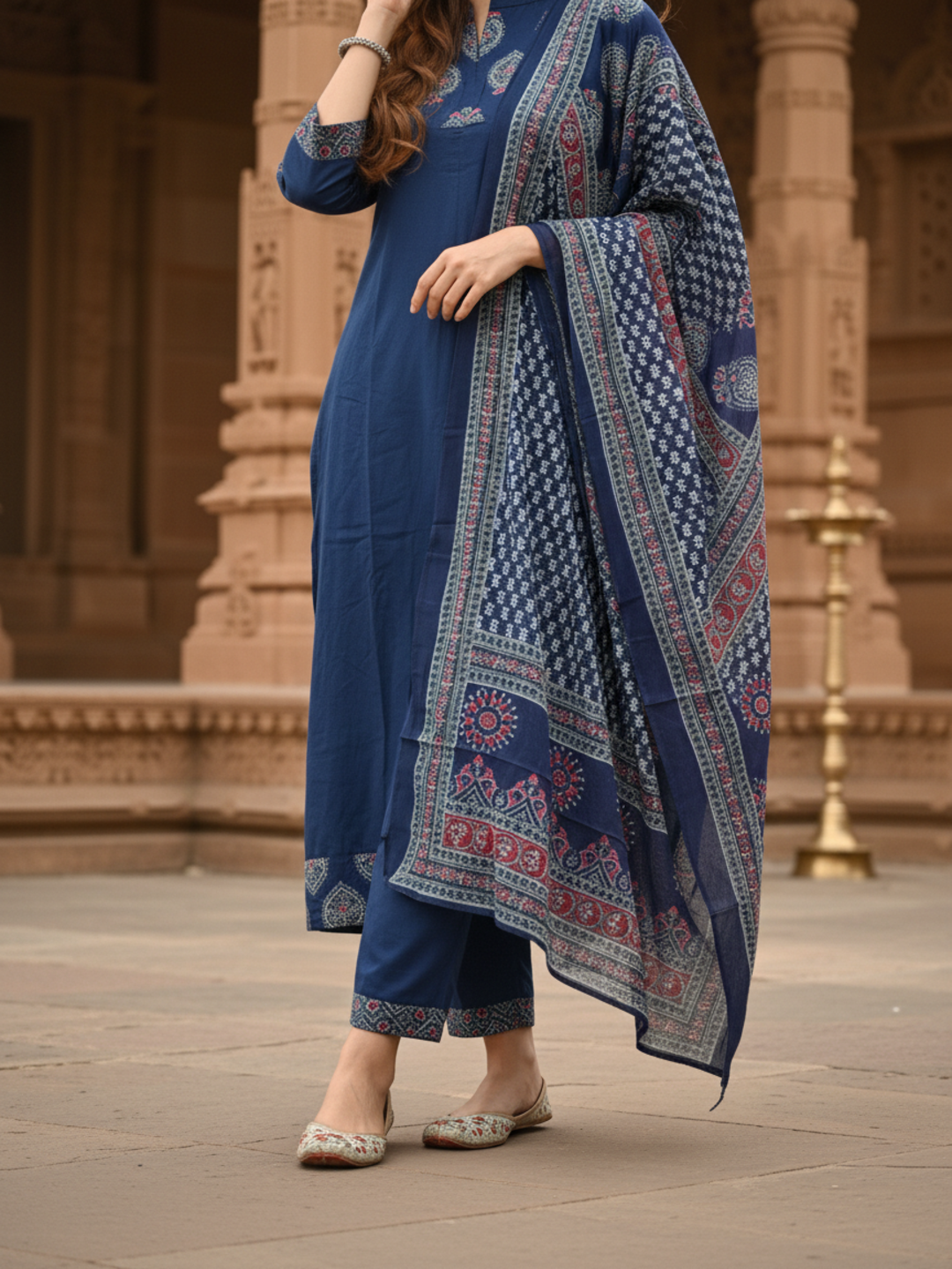 Ethnic Printed & Solid Sequin Embellished Anarkali Kurta with Pant & Dupatta - Navy Blue