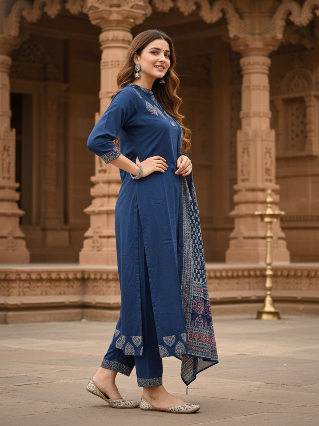 Ethnic Printed & Solid Sequin Embellished Anarkali Kurta with Pant & Dupatta - Navy Blue
