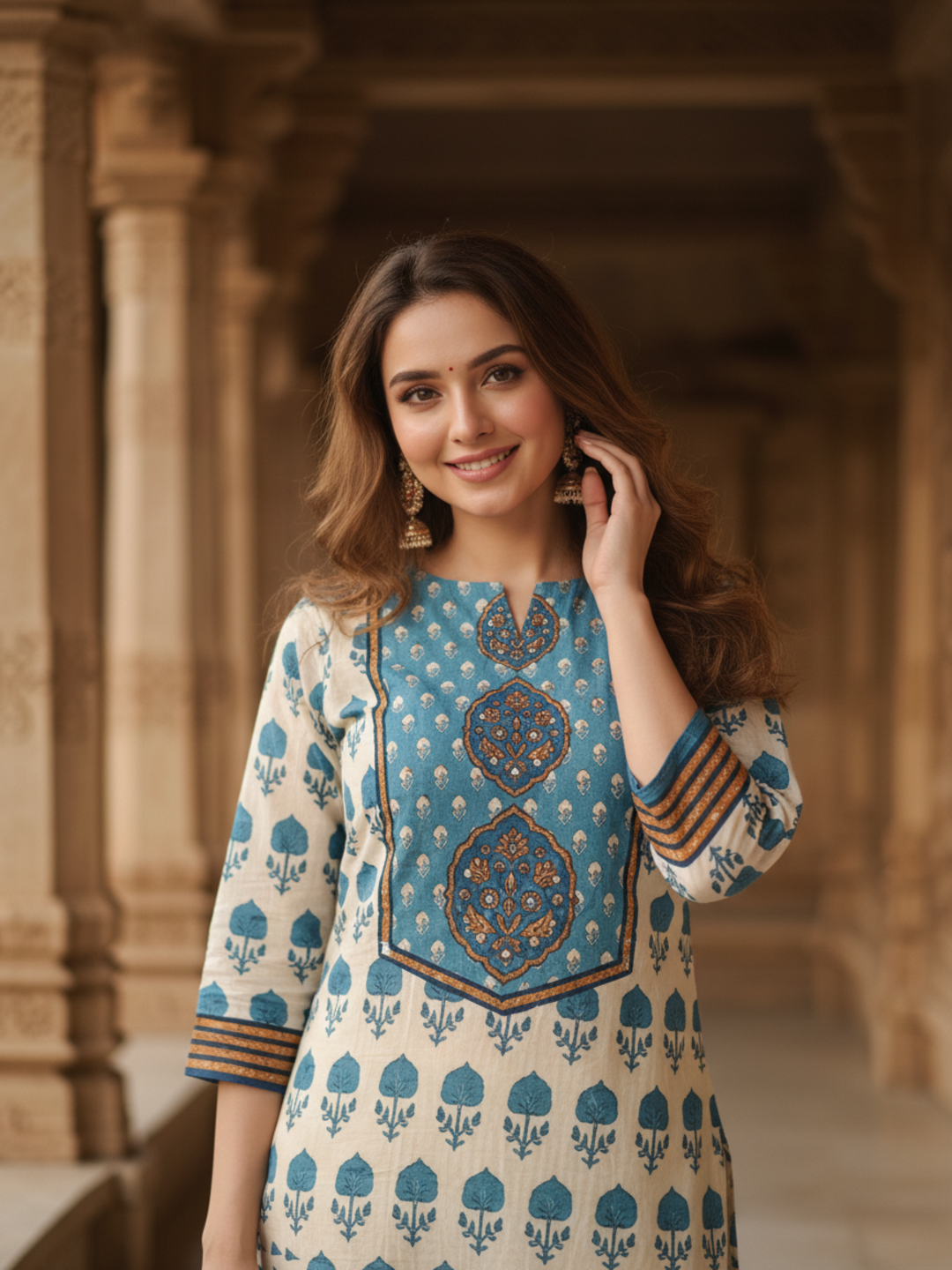 Ethnic Printed Sequin Embellished Straight Kurta with Palazzo & Dupatta - Blue