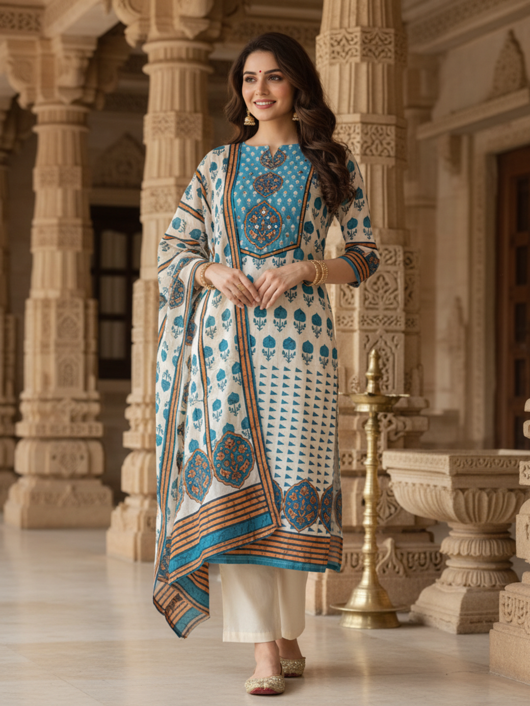 Ethnic Printed Sequin Embellished Straight Kurta with Palazzo & Dupatta - Blue