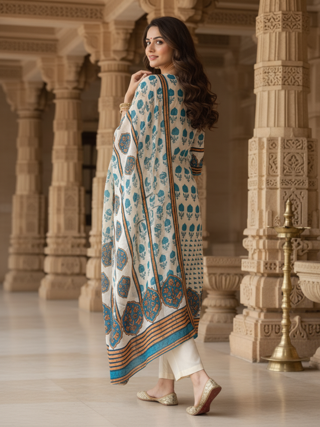 Ethnic Printed Sequin Embellished Straight Kurta with Palazzo & Dupatta - Blue