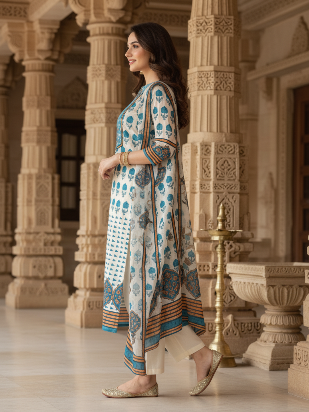 Ethnic Printed Sequin Embellished Straight Kurta with Palazzo & Dupatta - Blue
