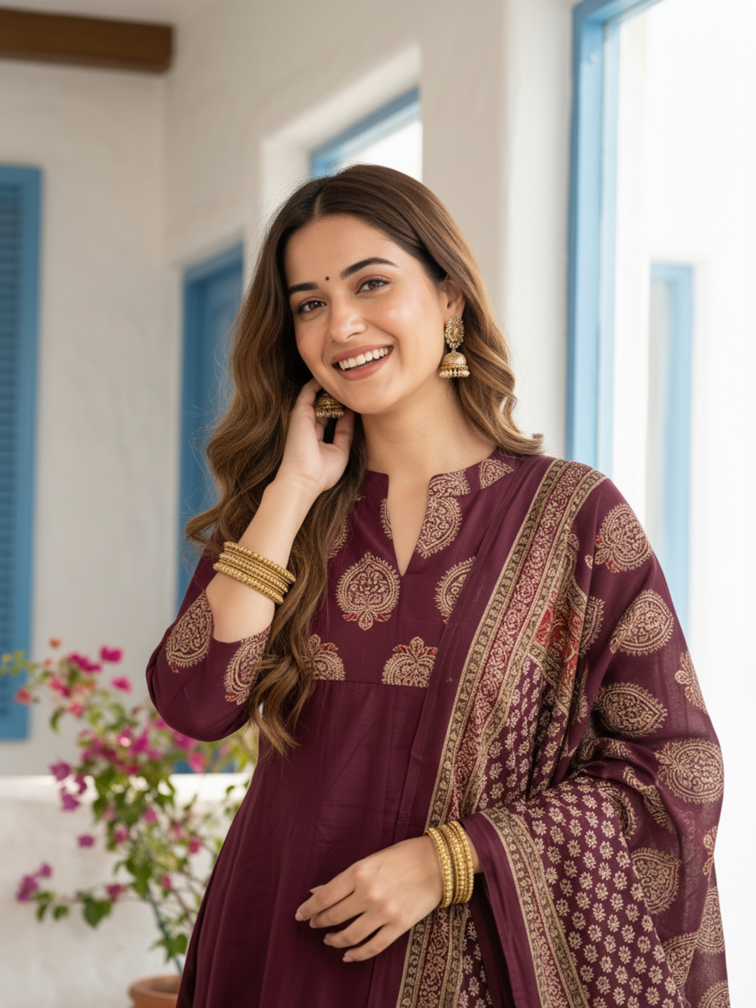 Ethnic Printed & Solid Sequin Embellished Anarkali Kurta with Pant & Dupatta - Burgundy