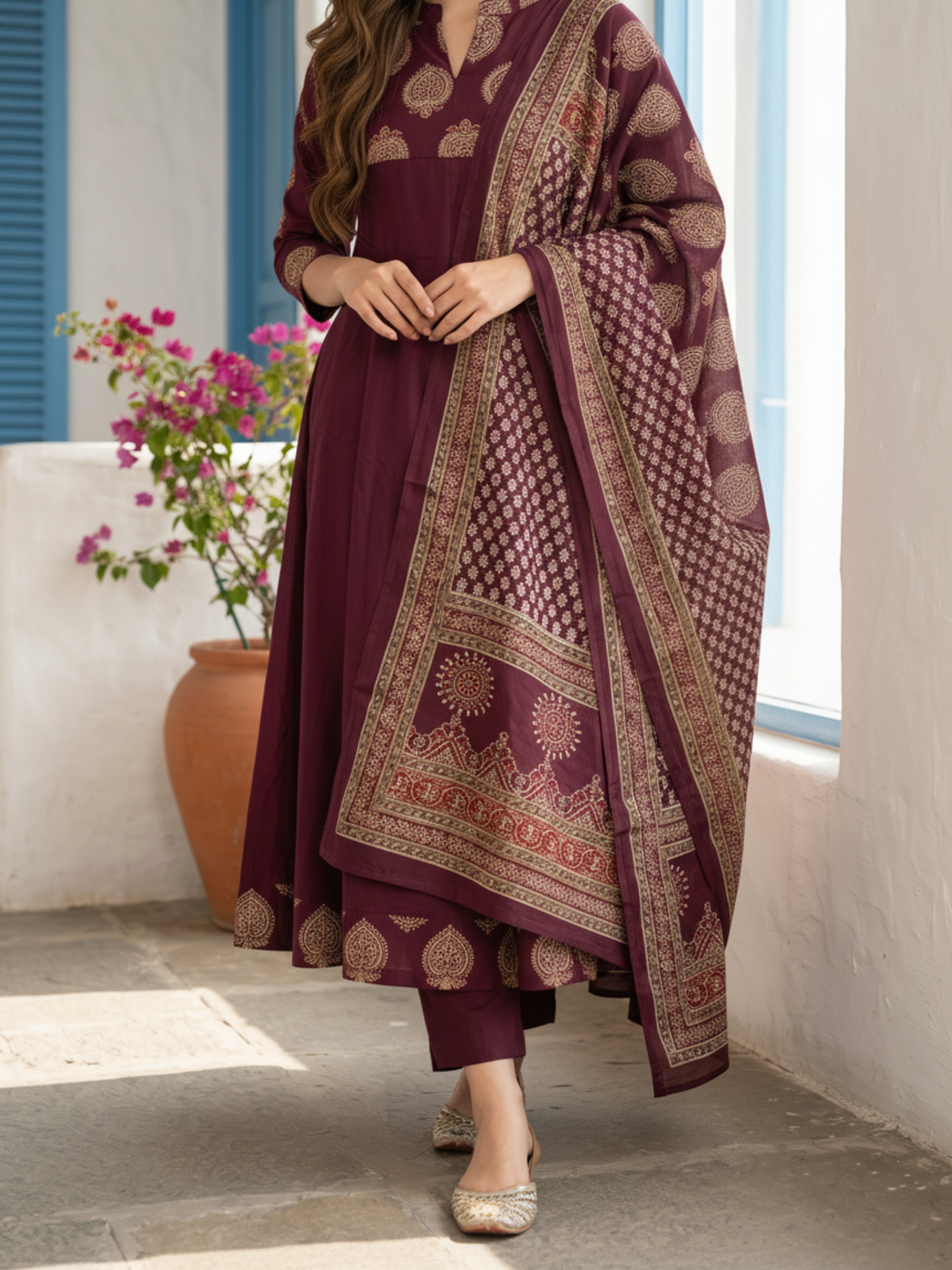 Ethnic Printed & Solid Sequin Embellished Anarkali Kurta with Pant & Dupatta - Burgundy