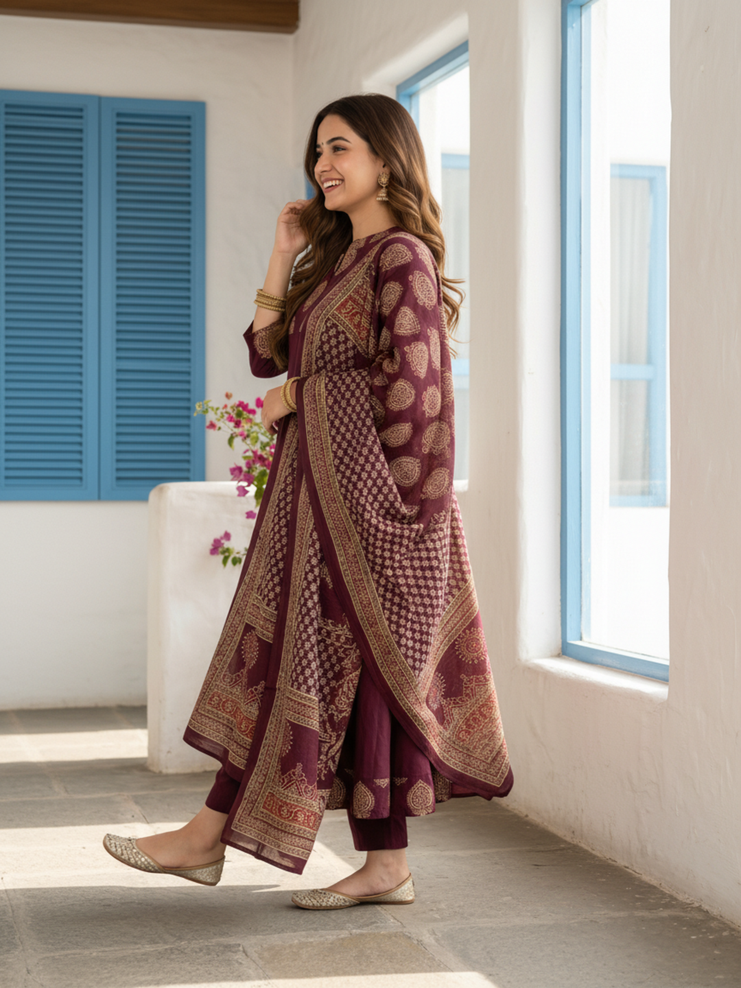 Ethnic Printed & Solid Sequin Embellished Anarkali Kurta with Pant & Dupatta - Burgundy