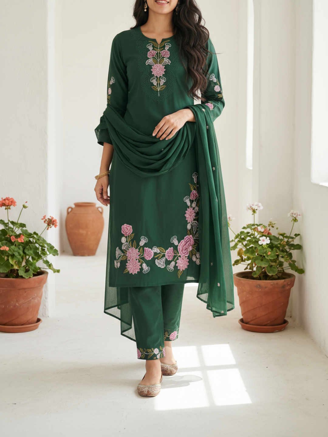 Solid Embroidered Straight Kurta with Pyjama & Dupatta - Green