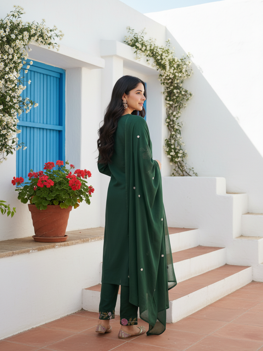 Solid Embroidered Straight Kurta with Pyjama & Dupatta - Green
