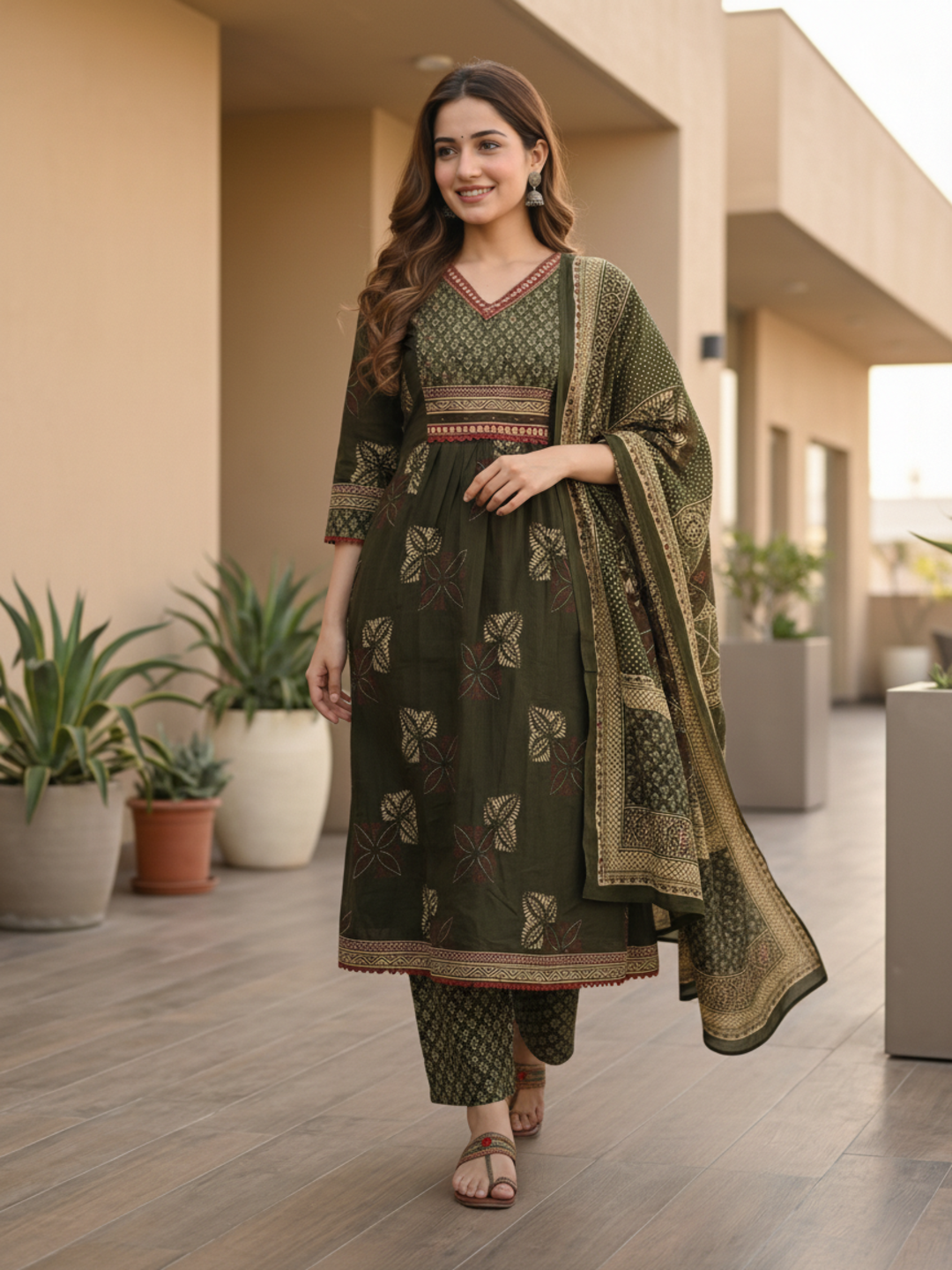 Ethnic Printed Mirror Work A-Line Kurta with Pyjama & Dupatta - Green