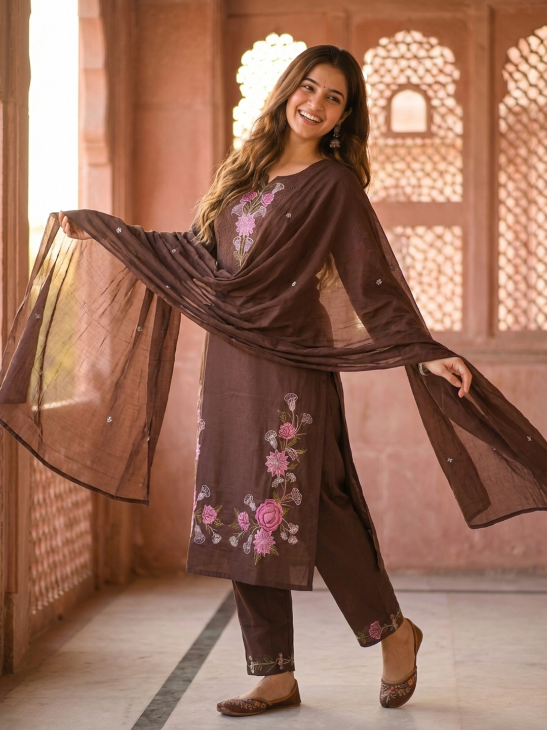Solid Embroidered Straight Kurta with Pyjama & Dupatta - Brown
