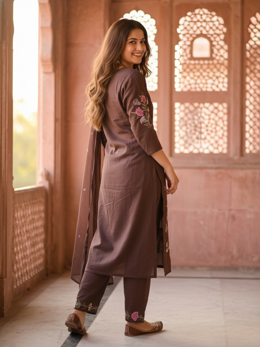 Solid Embroidered Straight Kurta with Pyjama & Dupatta - Brown