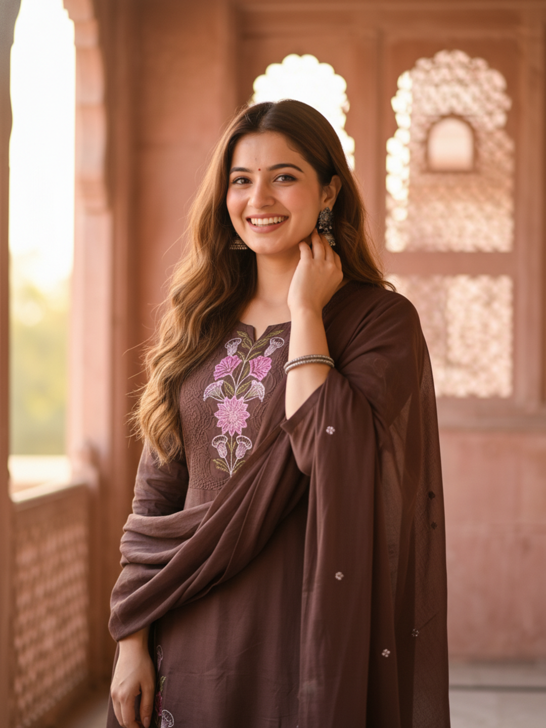 Solid Embroidered Straight Kurta with Pyjama & Dupatta - Brown