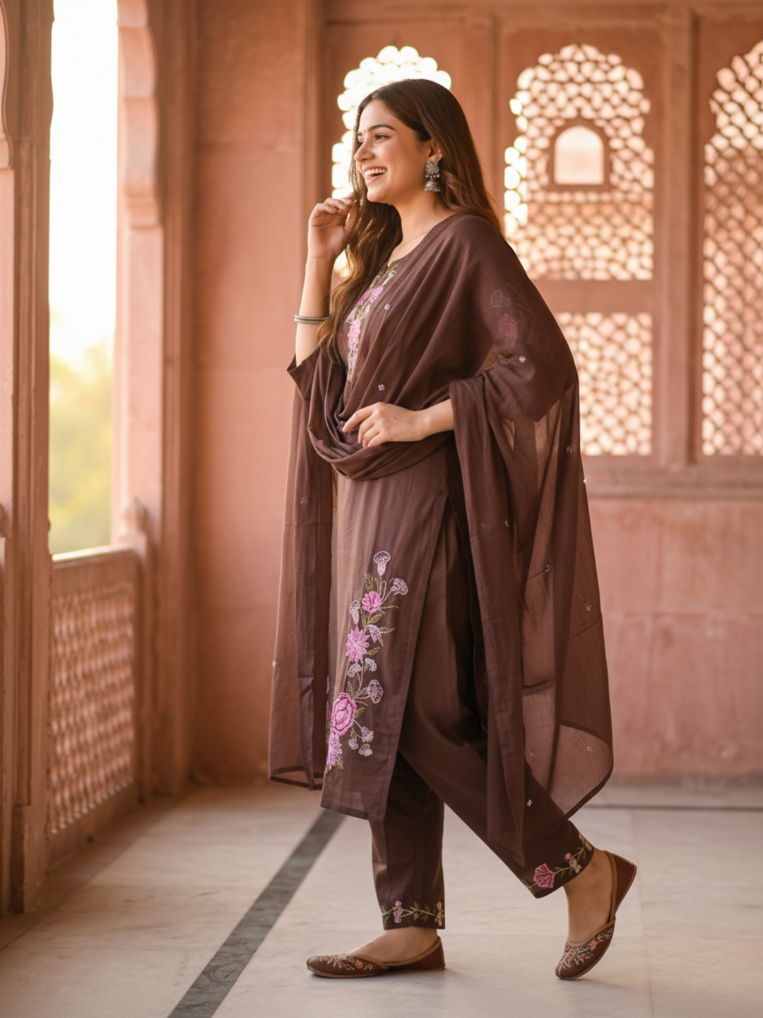 Solid Embroidered Straight Kurta with Pyjama & Dupatta - Brown