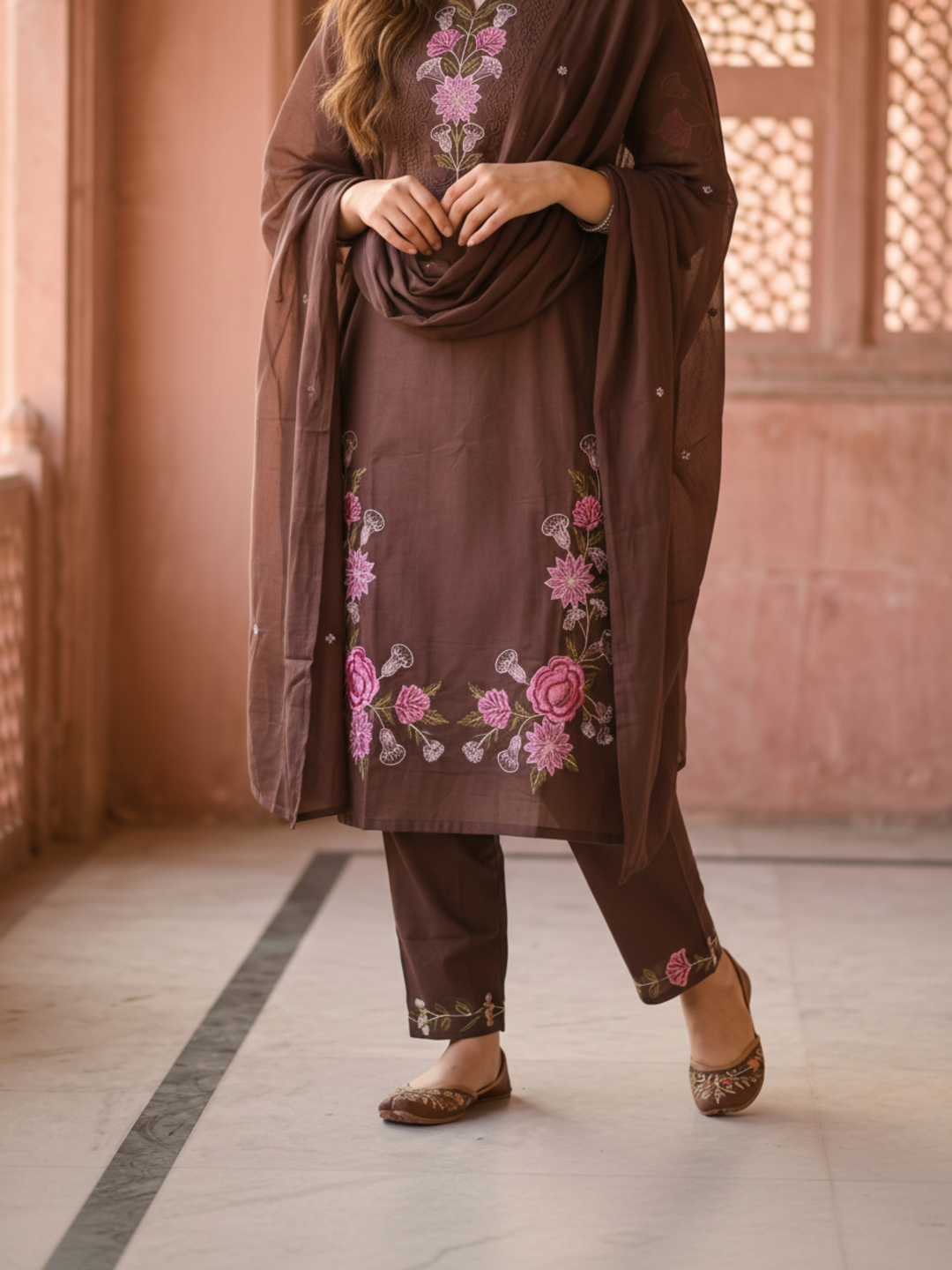 Solid Embroidered Straight Kurta with Pyjama & Dupatta - Brown