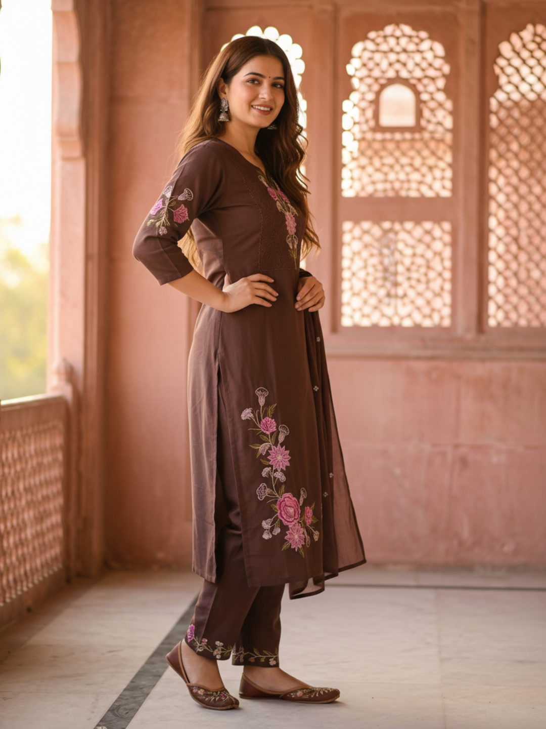 Solid Embroidered Straight Kurta with Pyjama & Dupatta - Brown