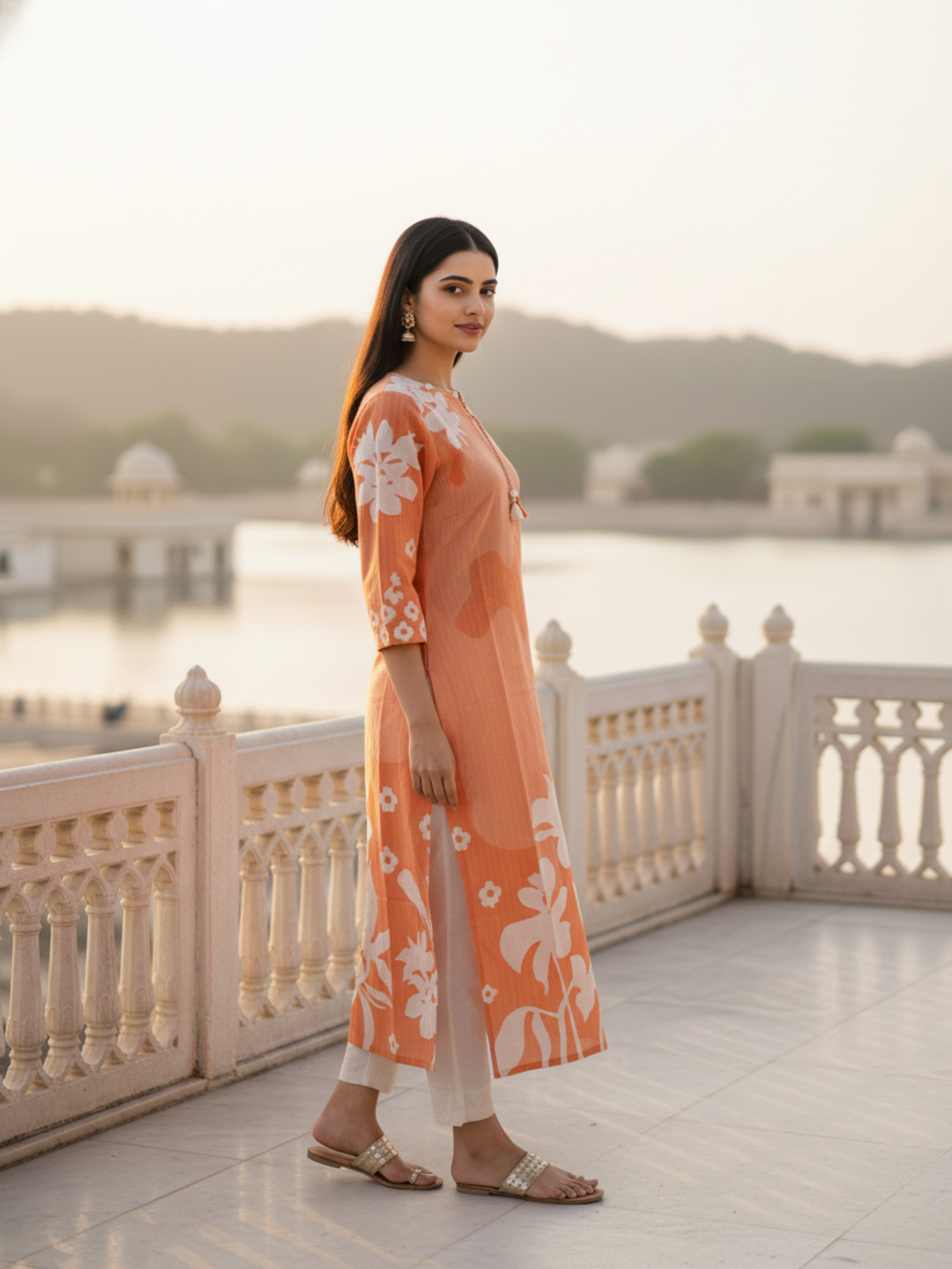 Floral Printed Straight Kurta - Peach