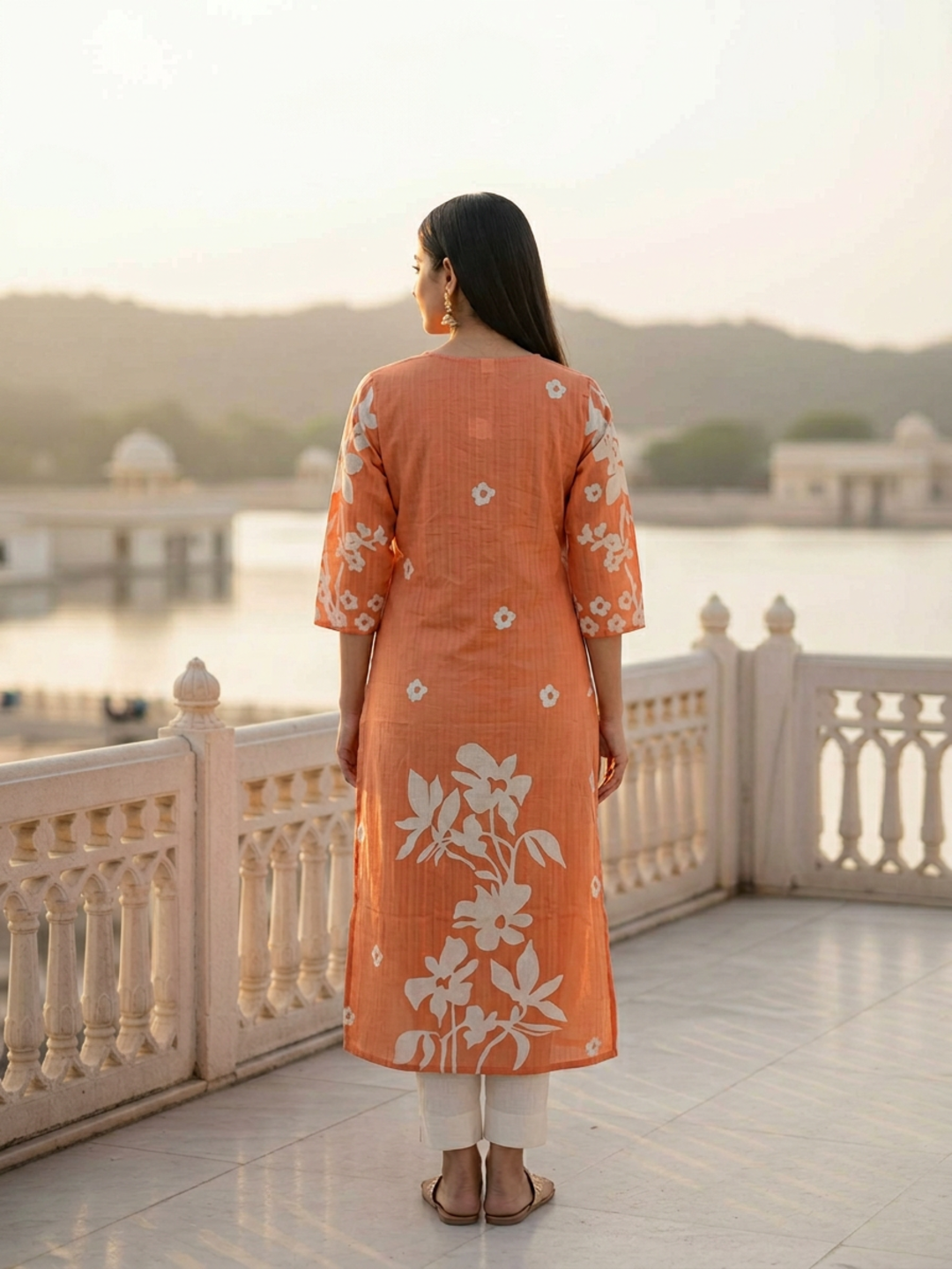 Floral Printed Straight Kurta - Peach