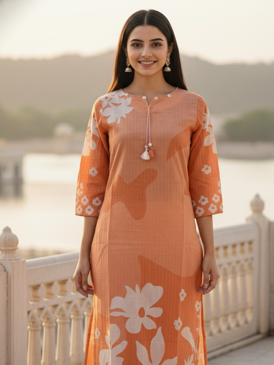 Floral Printed Straight Kurta - Peach