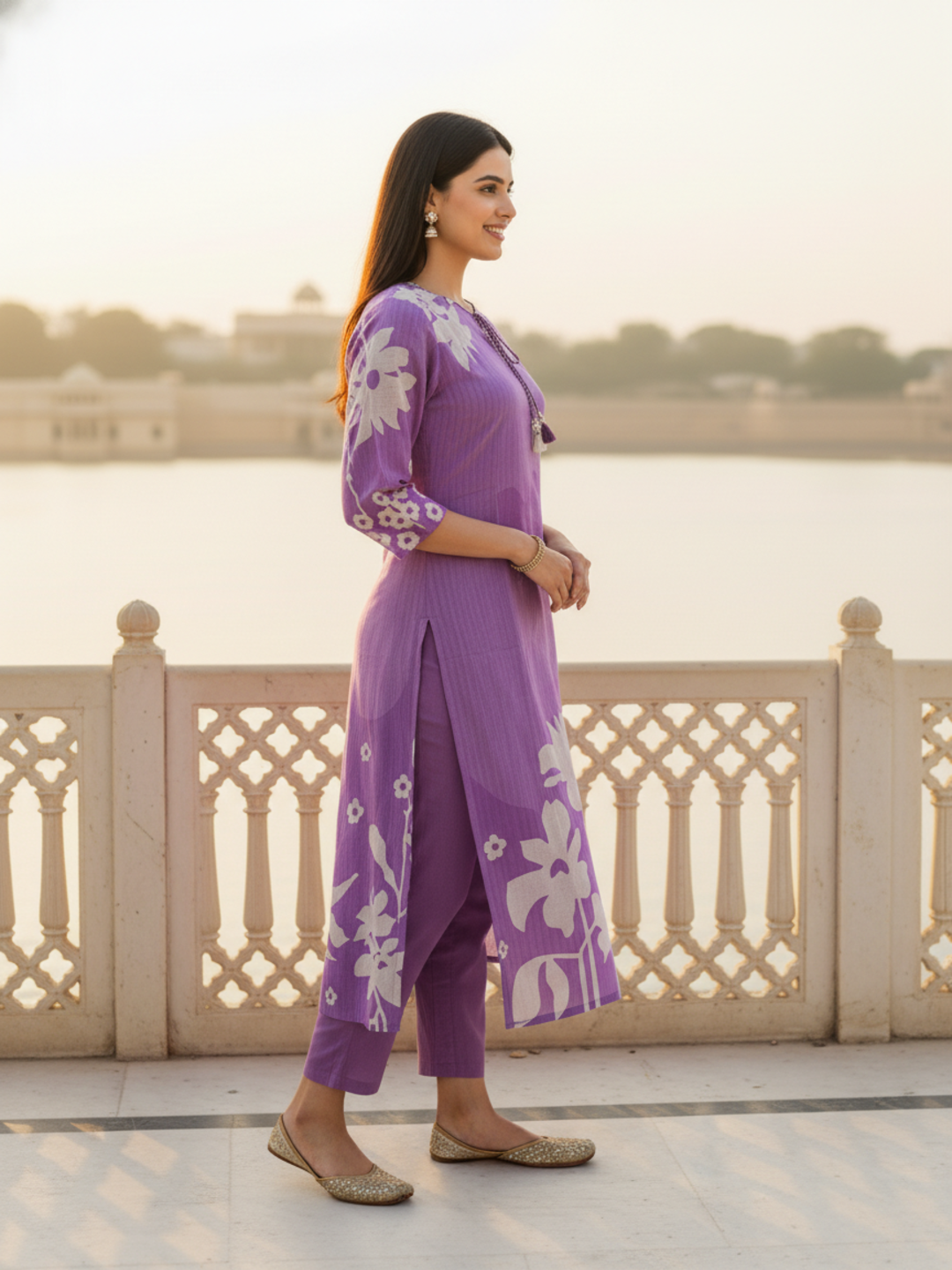 Floral Printed Straight Kurta - Purple