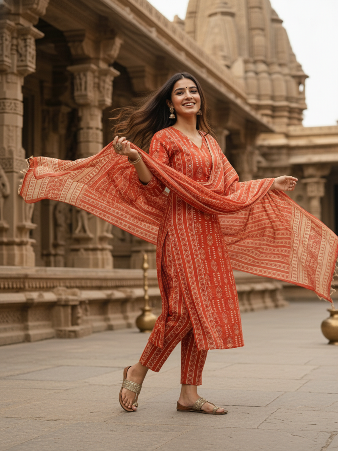Ethnic Printed Sequin Detailed Straight Kurta with Pant & Dupatta - Rust