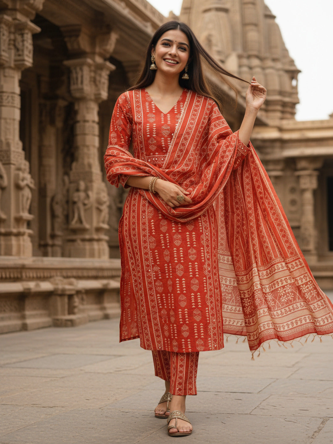 Ethnic Printed Sequin Detailed Straight Kurta with Pant & Dupatta - Rust
