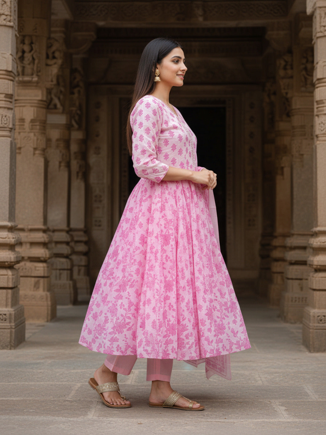 Ethnic Printed Mirror Work & Embroidered Anarkali Kurta with Pant & Dupatta - Pink