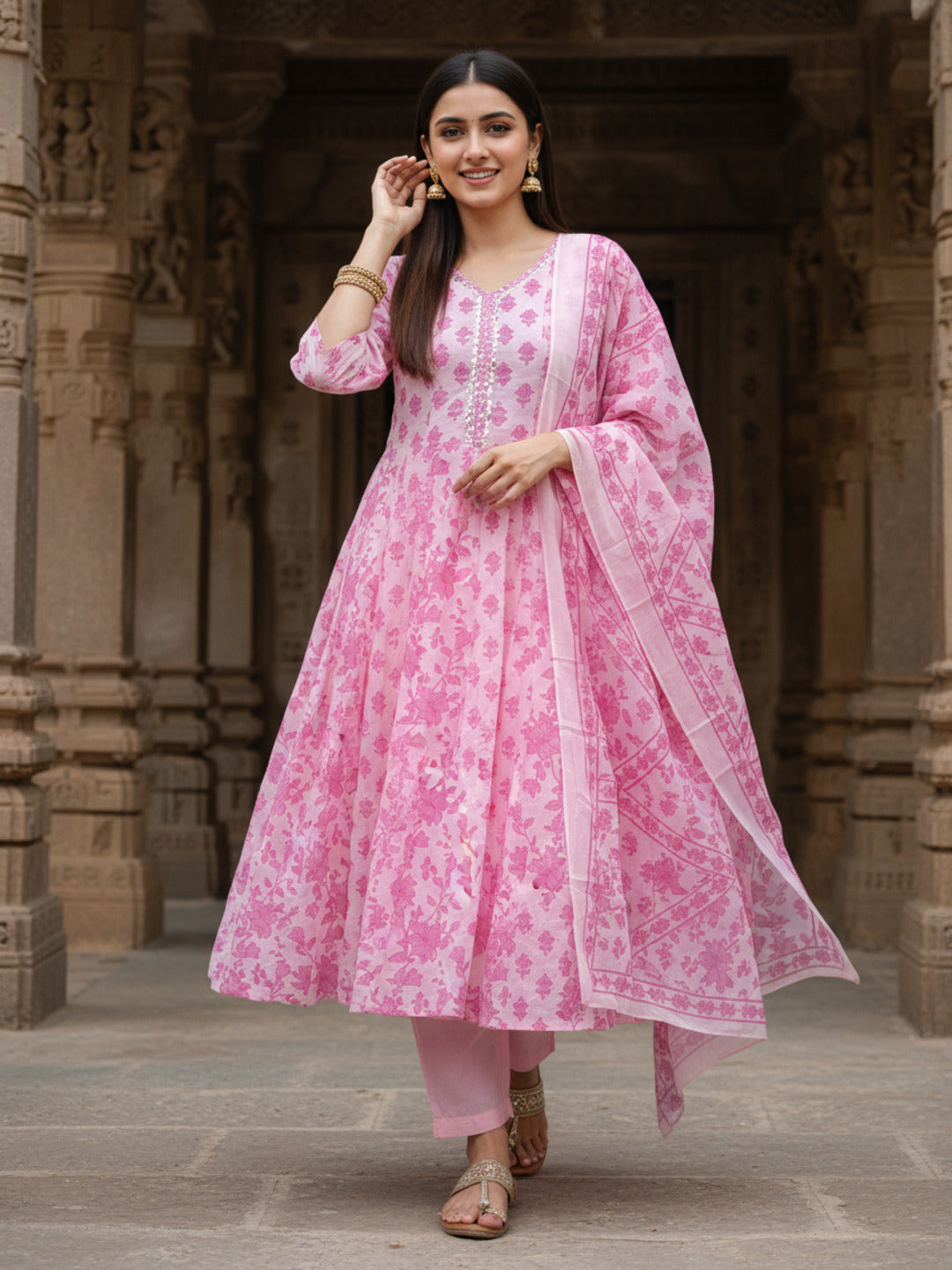 Ethnic Printed Mirror Work & Embroidered Anarkali Kurta with Pant & Dupatta - Pink