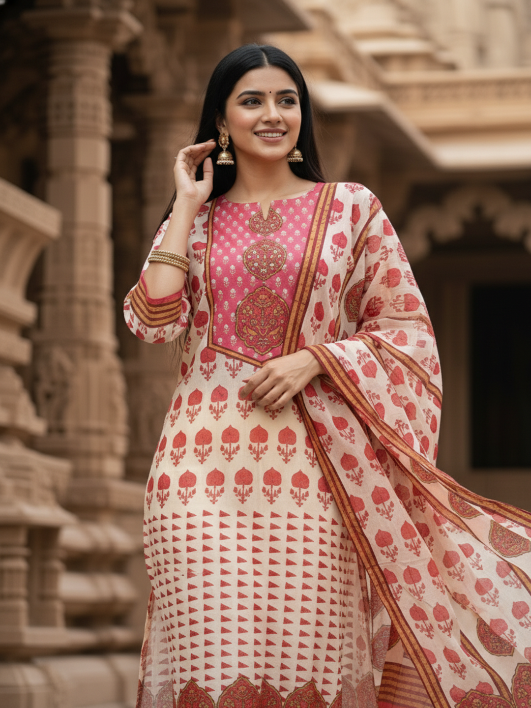 Ethnic Printed Mirror Work & Sequin Embellished Straight Kurta with Palazzo & Dupatta - Peach