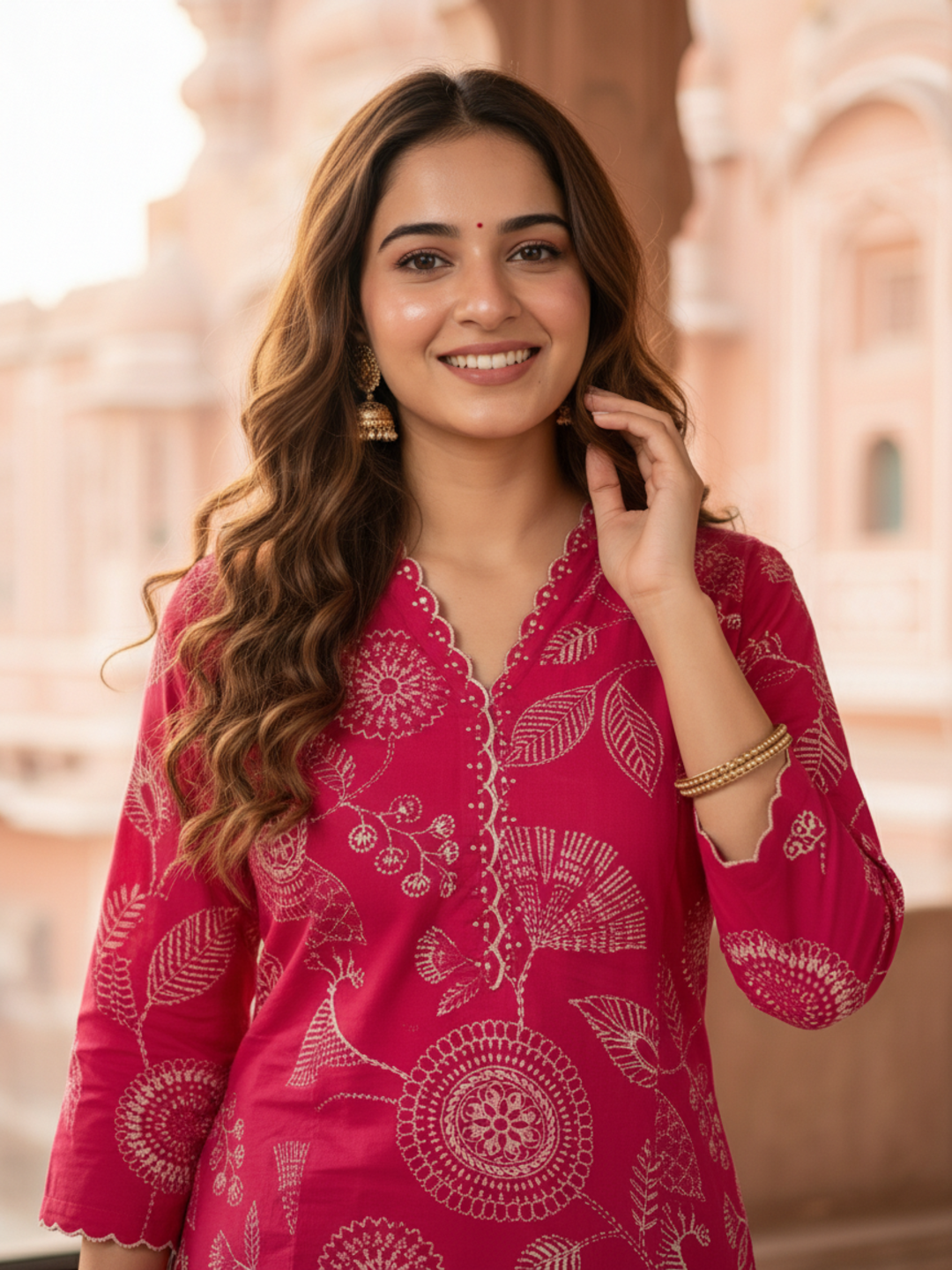 Ethnic Print Scalloped Embroidered A-Line Kurta with Palazzo - Pink