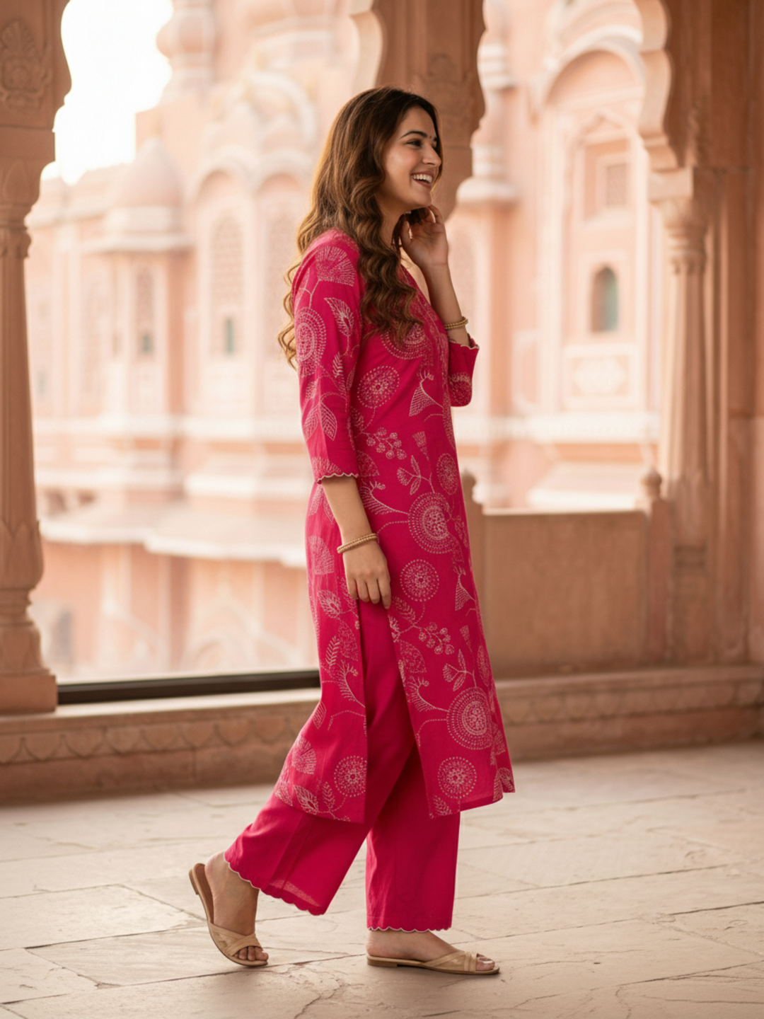 Ethnic Print Scalloped Embroidered A-Line Kurta with Palazzo - Pink