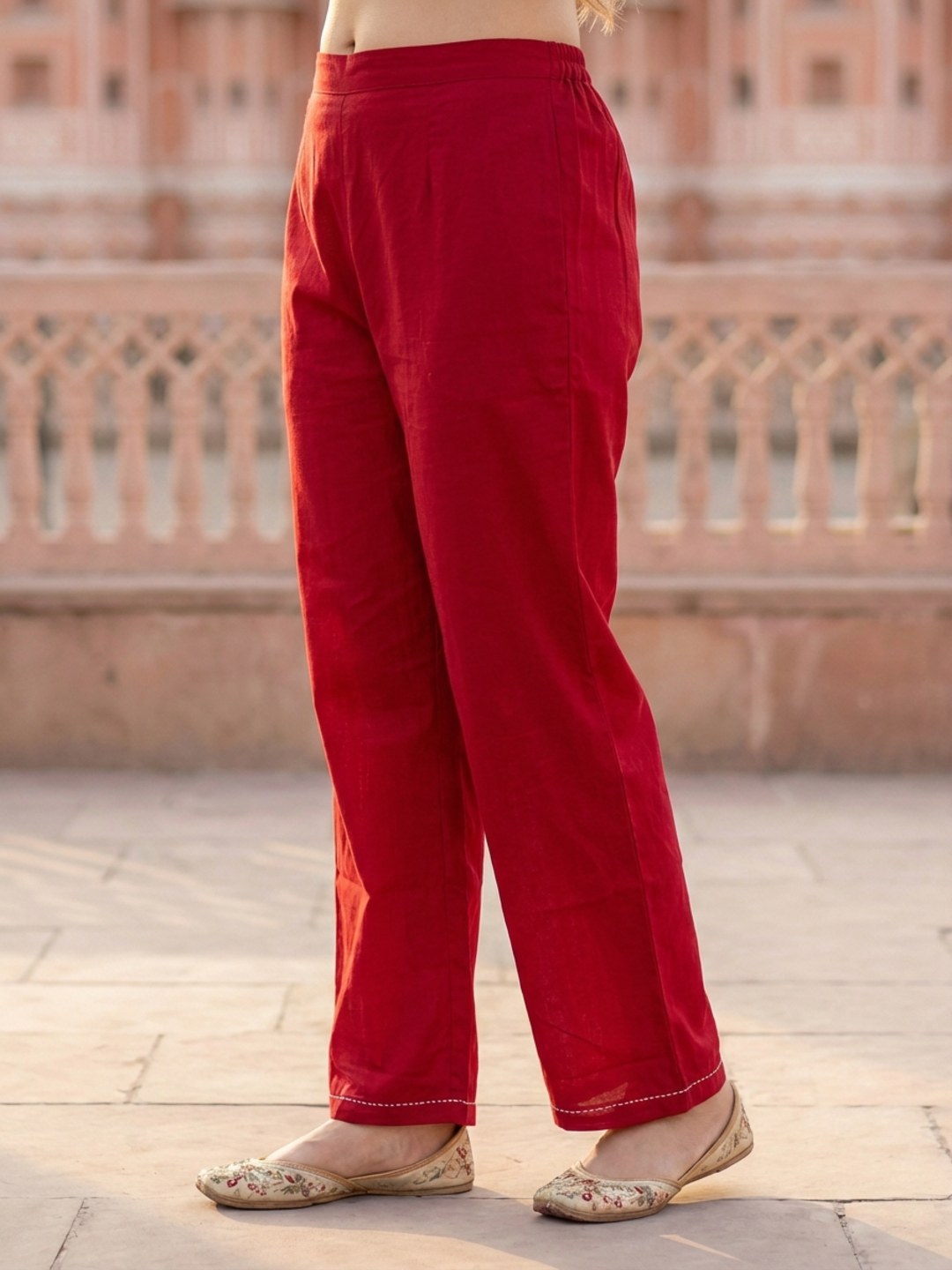 Solid Embroidered Straight Kurta with Palazzo - Maroon