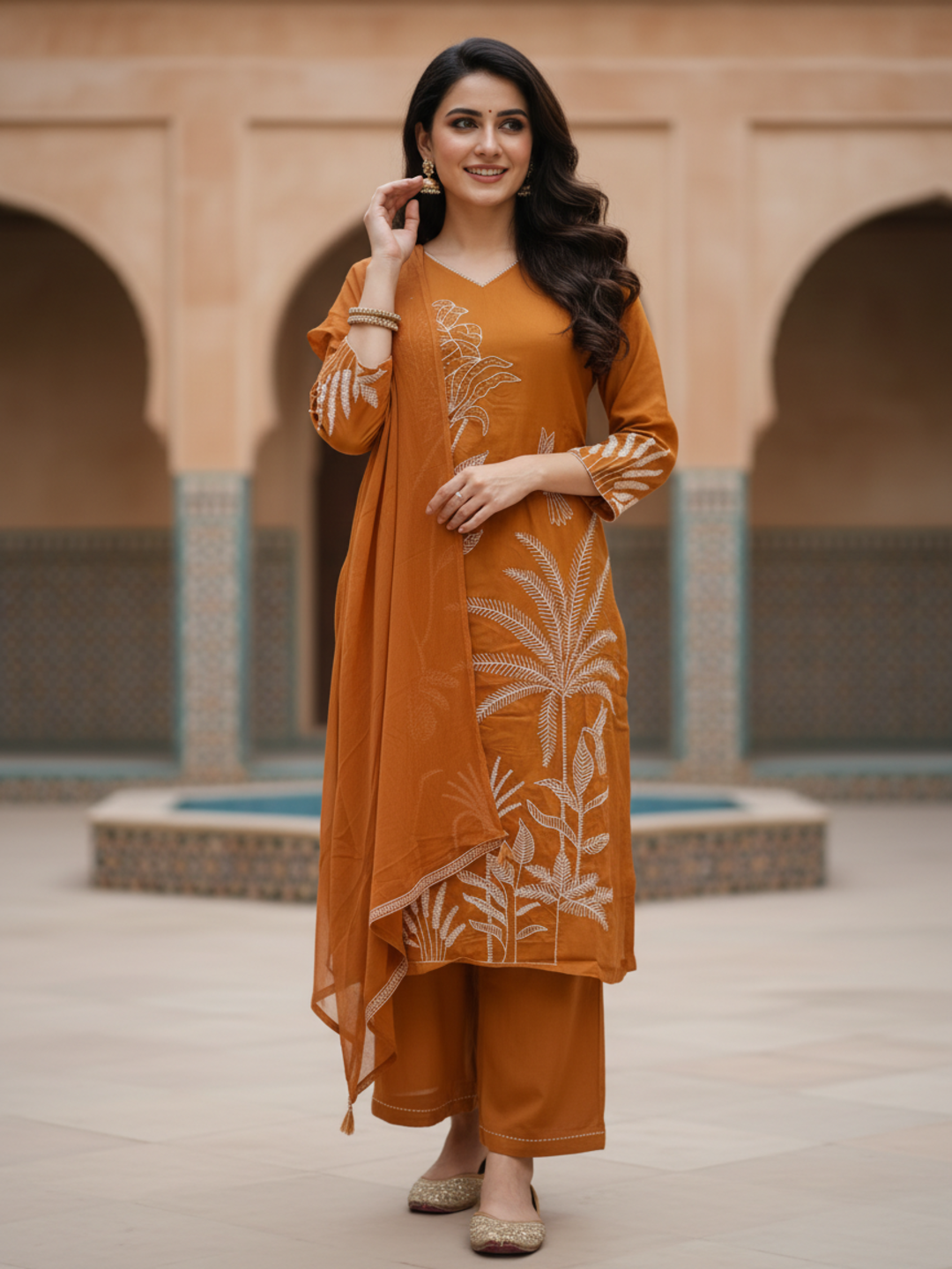 Solid Botanical Embroidered Straight Kurta with Pant & Dupatta - Rust Orange