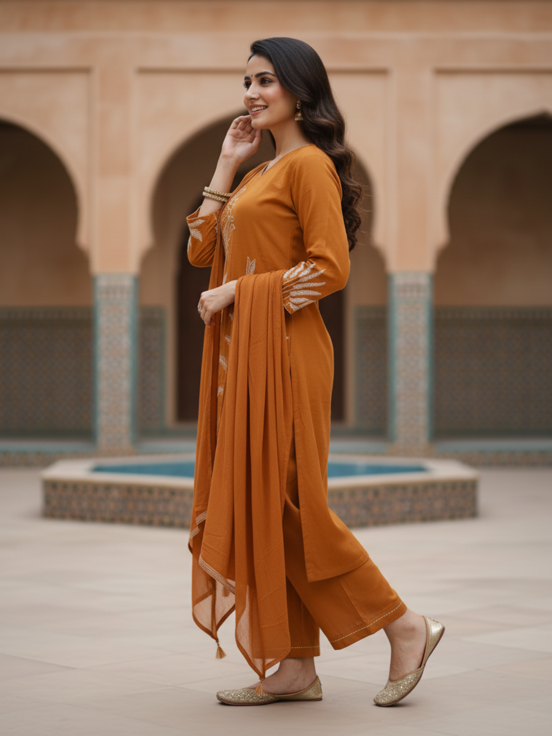 Solid Botanical Embroidered Straight Kurta with Pant & Dupatta - Rust Orange