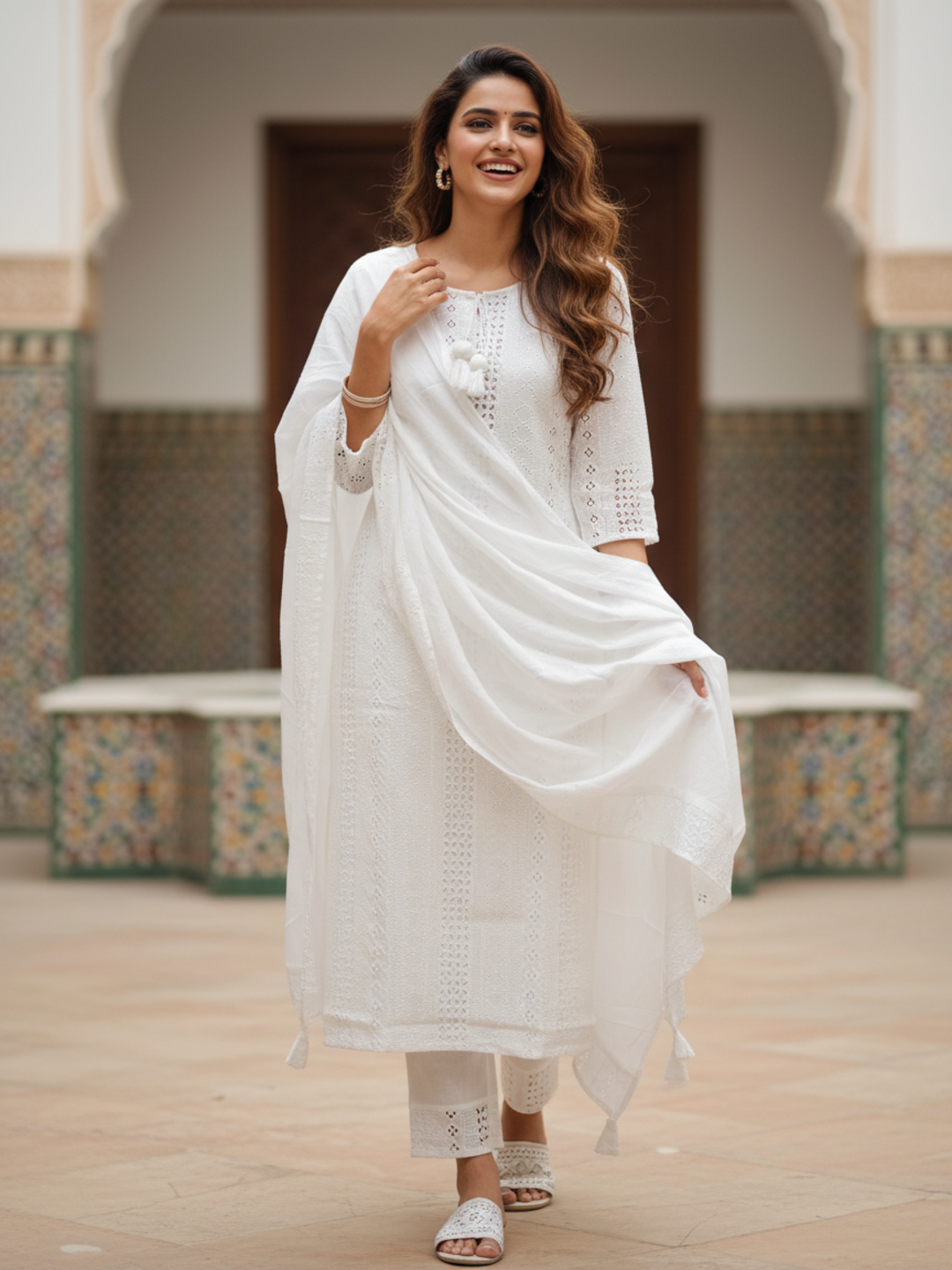 Solid Schiffli Embroidered Straight Kurta with Pyjama & Dupatta - White