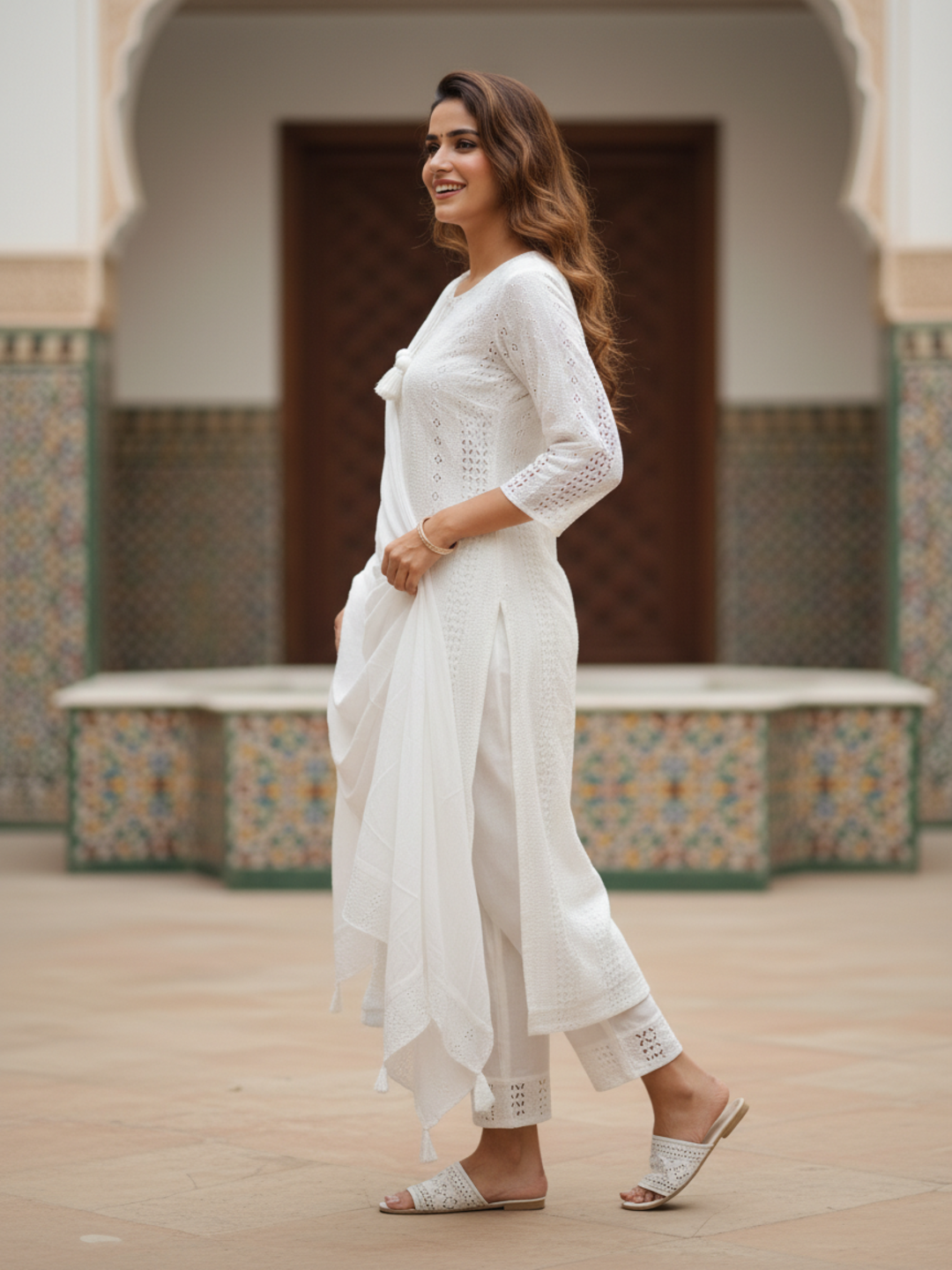 Solid Schiffli Embroidered Straight Kurta with Pyjama & Dupatta - White