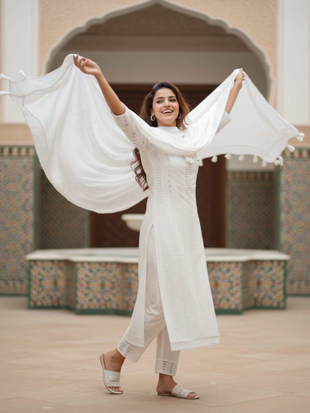 Solid Schiffli Embroidered Straight Kurta with Pyjama & Dupatta - White