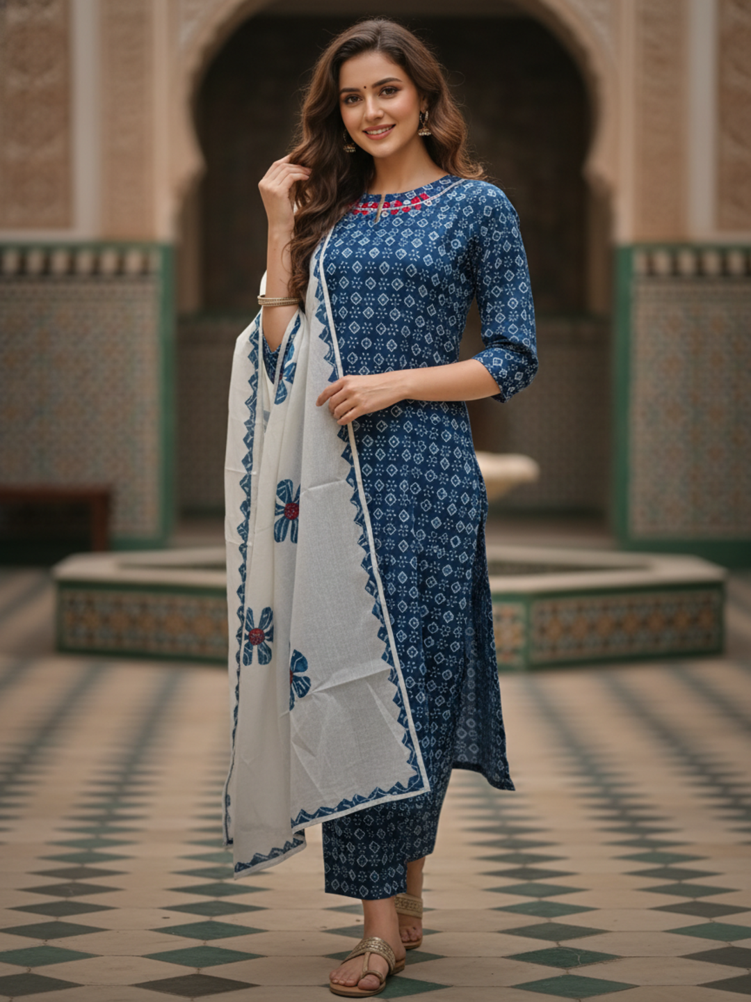 Indigo Printed Straight Kurta with Pant & Floral Dupatta - Blue