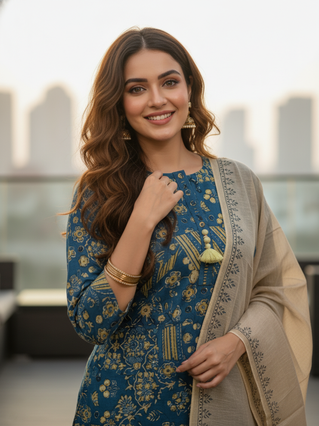 Floral Printed Straight Kurta with Pant & Dupatta - Teal Blue