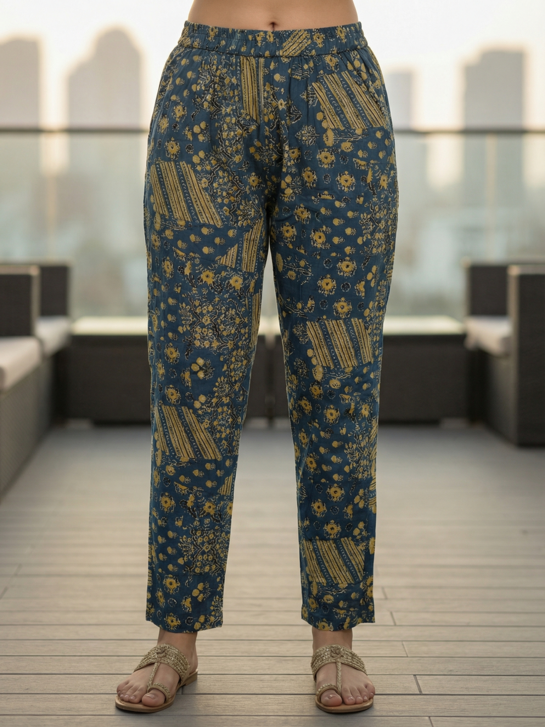 Floral Printed Straight Kurta with Pant & Dupatta - Teal Blue