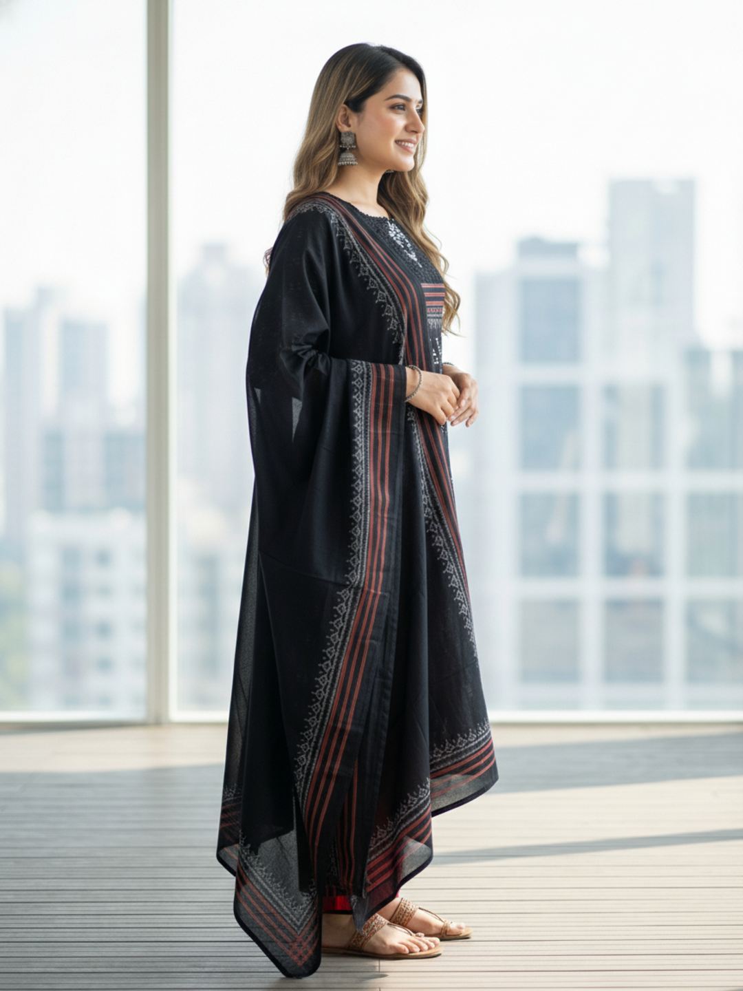 Printed Straight Kurta with Pant & Dupatta - Black & Red