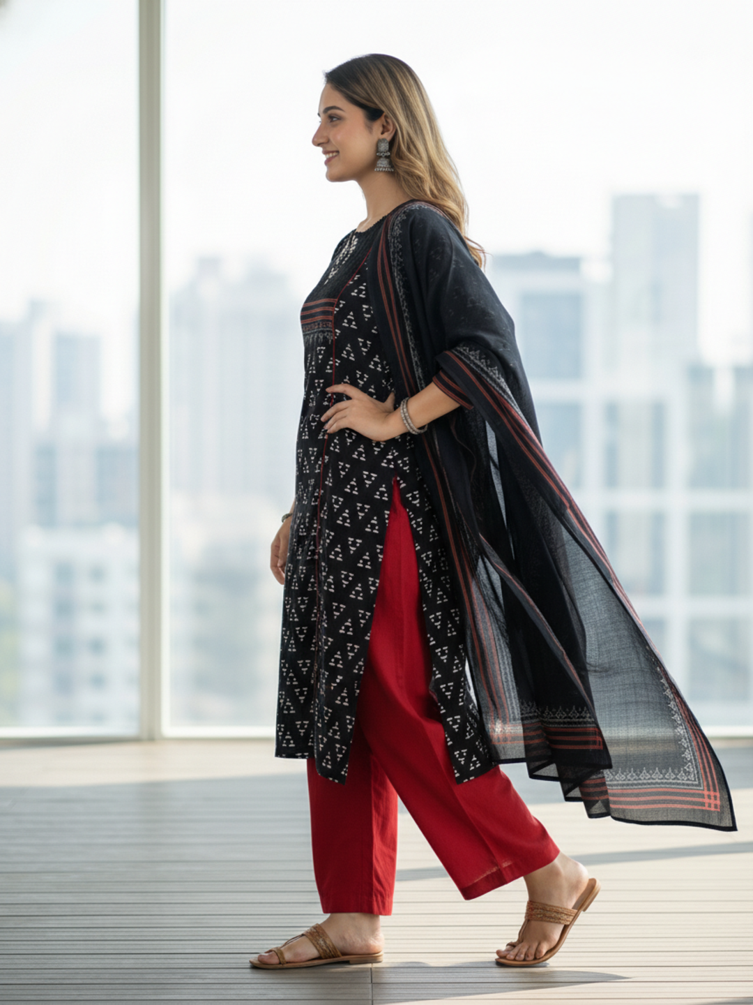 Printed Straight Kurta with Pant & Dupatta - Black & Red