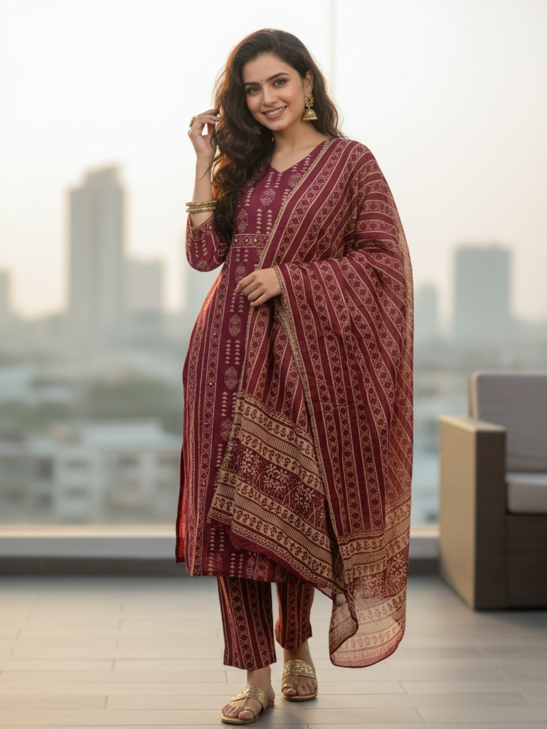 Ethnic Tribal Print Paneled Straight Kurta with Pant & Dupatta - Maroon
