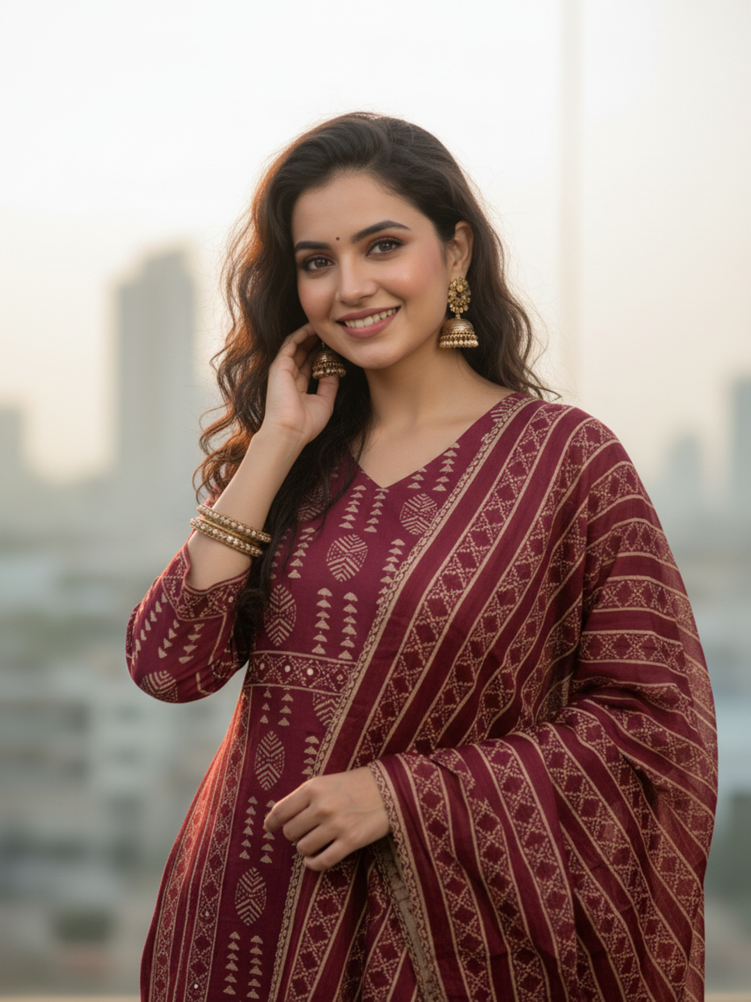 Ethnic Tribal Print Paneled Straight Kurta with Pant & Dupatta - Maroon